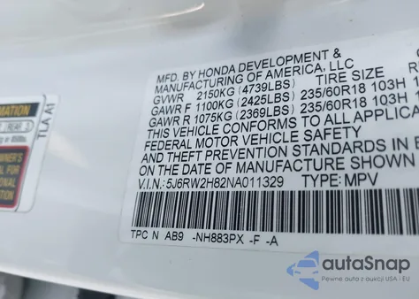 2022 Honda Cr-V Awd Ex-L из США, поврежденный, VIN 5J6RW2H82NA011329